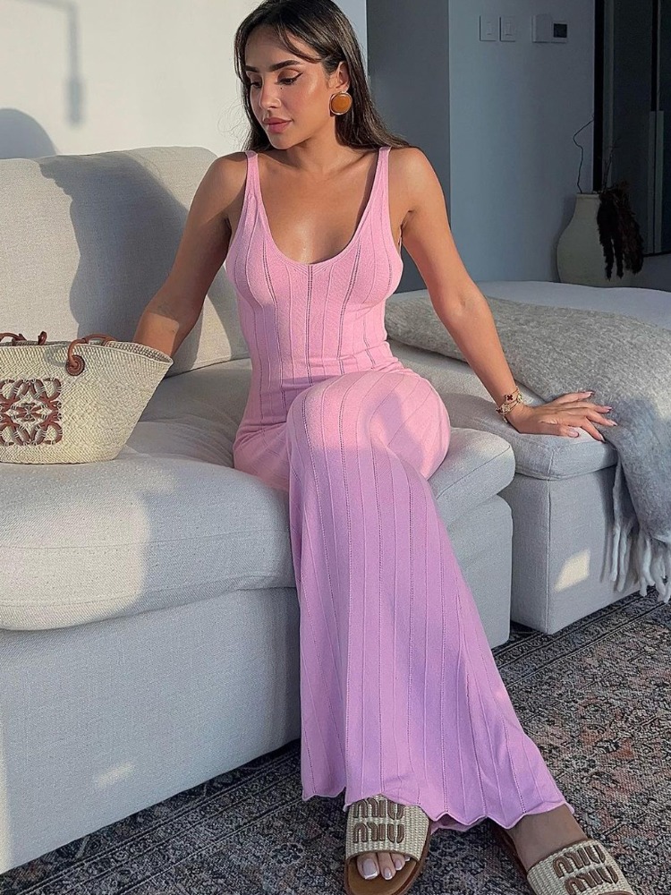 Tossy-Vestido largo de punto acanalado para mujer, ropa de playa con Espalda descubierta, cintura alta, a la moda, para vacaciones, Verano