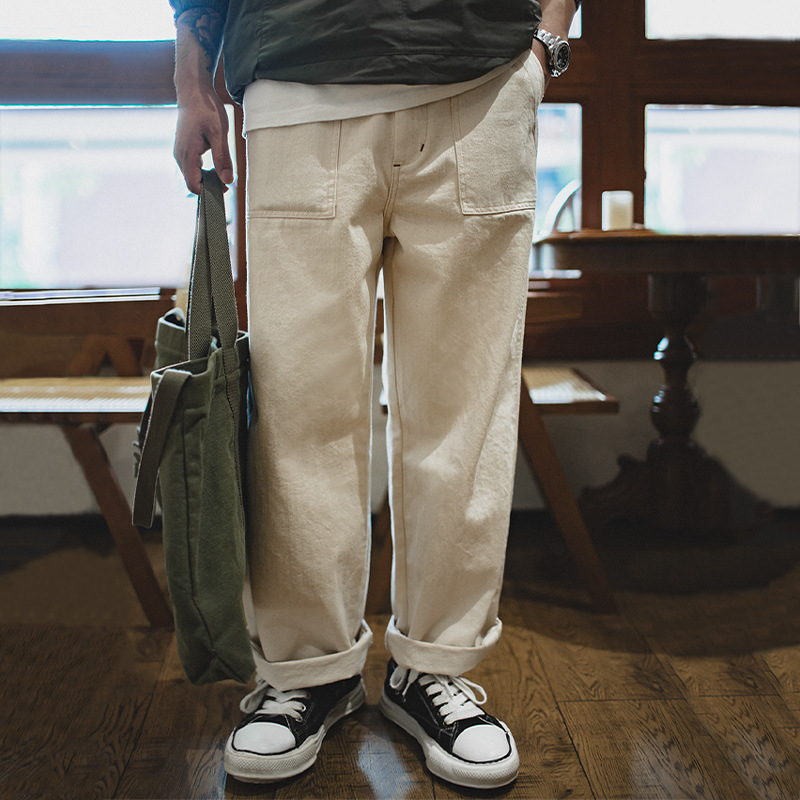 Męskie jeansy Maden w stylu vintage, 325g, białe, z bawełnianą skórą, luźny krój baggy, proste spodnie na wiosnę i jesień, spodnie chino cargo.