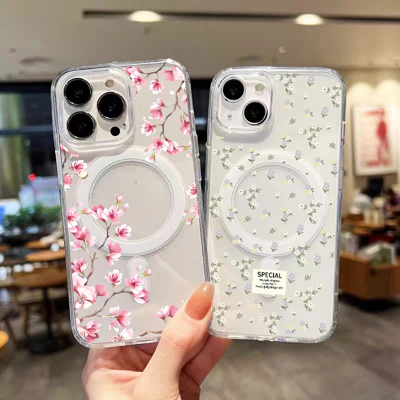 Roze Paarse Bloem voor Magsafe Case voor Iphone 16 15 14 13 12 11 Pro Max 16E 13 Mini 16 Plus Magnetische Draadloze Opladen Cover