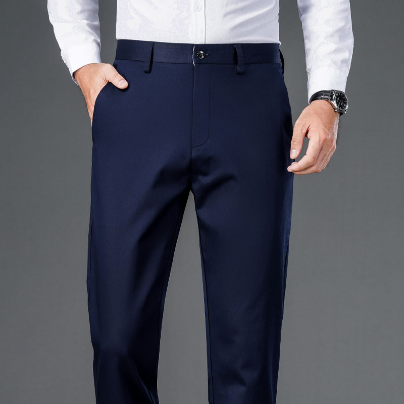 Pantalones informales de negocios ligeros para hombre con microelástico, pantalones de secado rápido para hombre, pantalones negros de pierna recta para oficina, color azul profundo