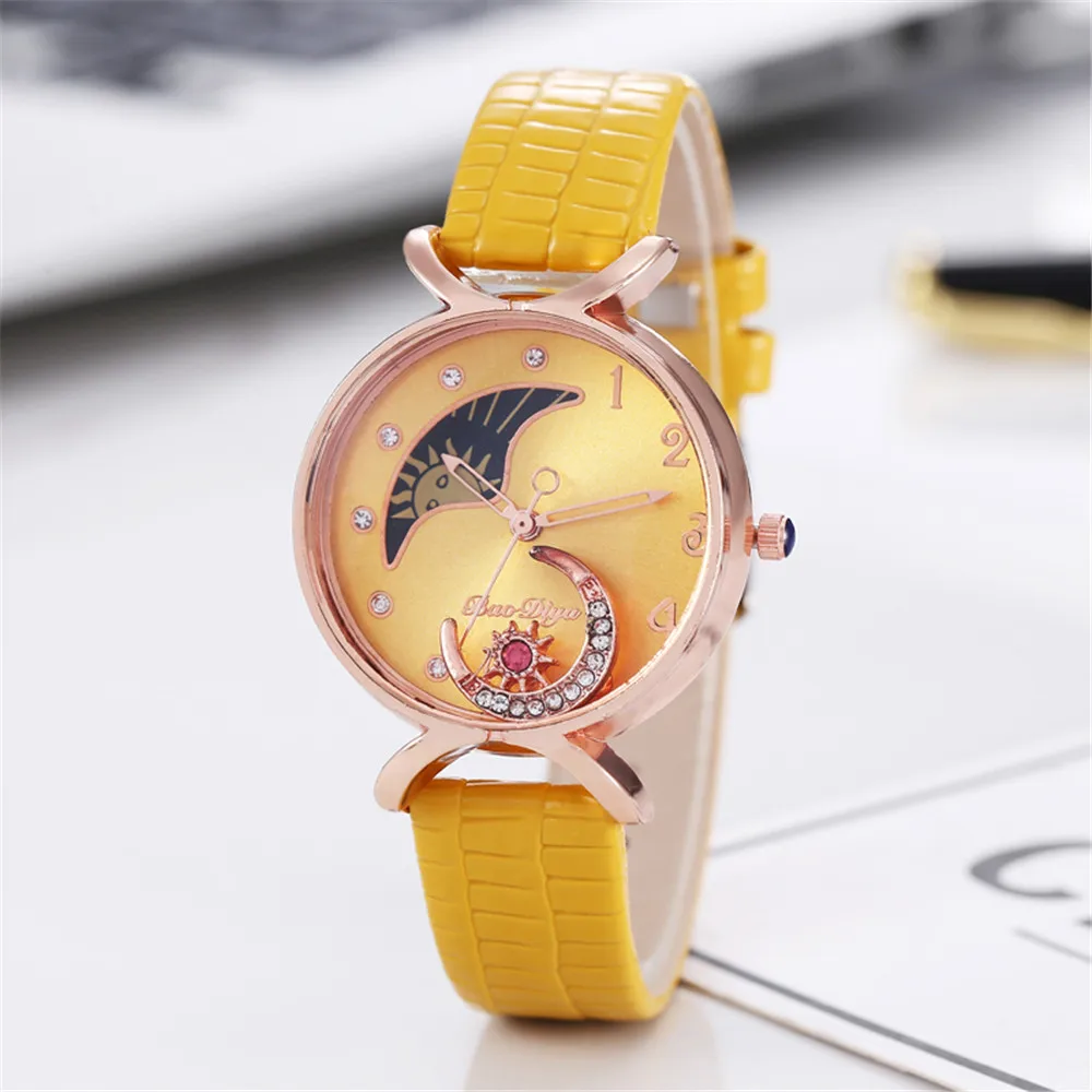 Elegante lua com diamantes relógios moda feminina luxo quartzo relógios de pulso casual feminino relógio de couro criativo montre femme