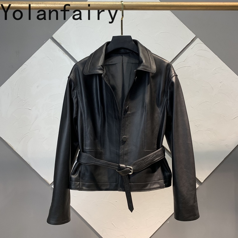 女性のための本革のシープスキンコート,シングルブレストジャケット,薄いベルト,黒のラペルコート,春と秋,新しい,2024