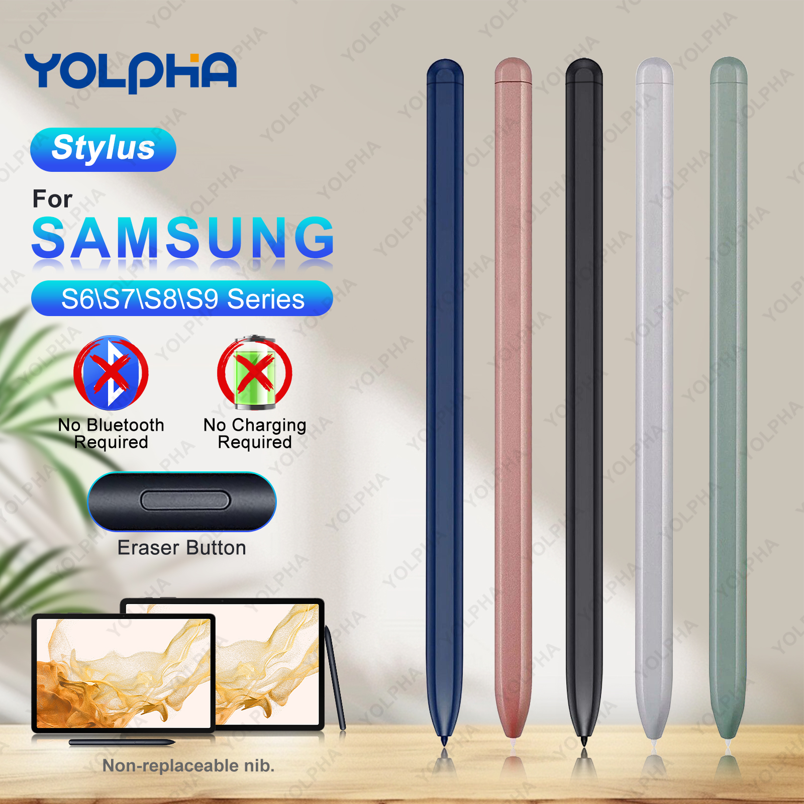 Magnetyczny rysik do tabletów Samsung S6 S7 S8 S9, precyzyjny długopis do pisania na ekranie dotykowym Samsung Galaxy, z przyciskiem do usuwania, bez Bluetooth.