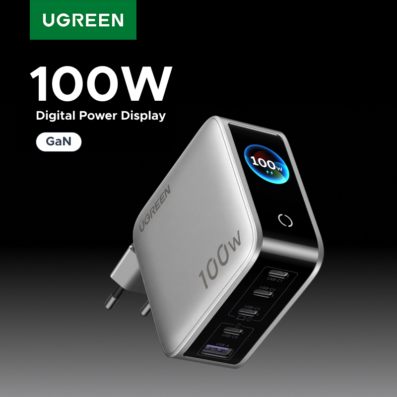Зарядное устройство UGREEN 100W GaN с интеллектуальным дисплеем, QC4.0, PD 3.0, USB-C для MacBook Pro, ноутбуков, iPhone 17, 16 Pro, iPad, планшетов, Samsung