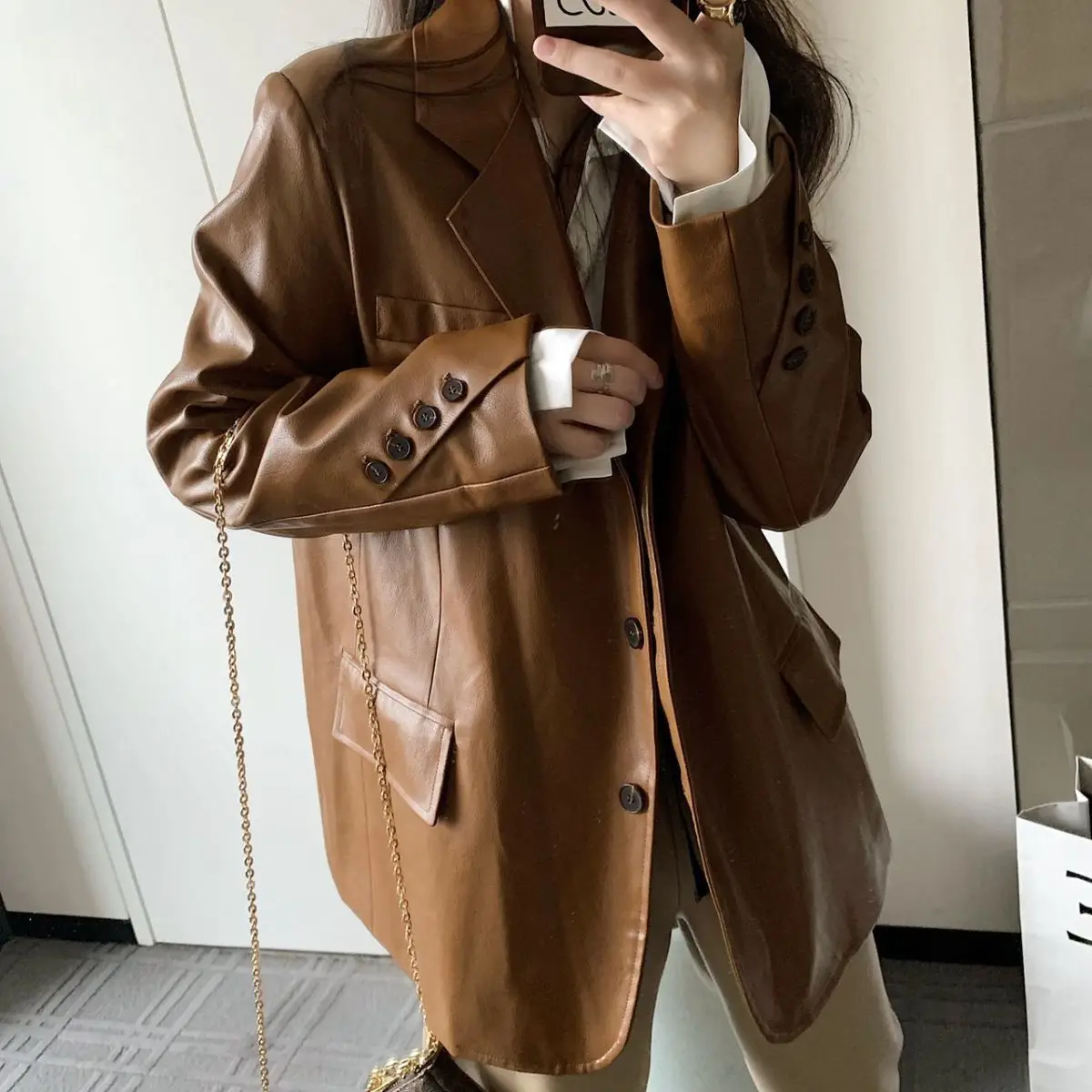 Chaqueta de cuero para mujer, traje informal coreano con clip retro para motocicleta, primavera y otoño, 2024