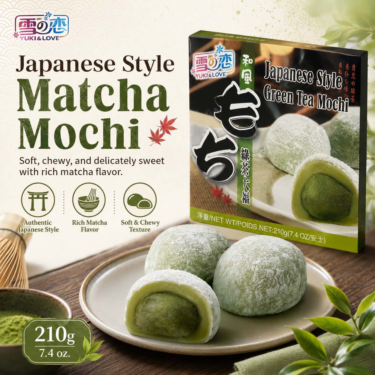 YUKI & LOVE Mochi Daifuku Estilo Japonês 210g, Bolos de Arroz Glutinoso Macios e Mastigáveis Recheados com Pasta de Chá Verde Autêntica, Sobremesa Asiática Premium