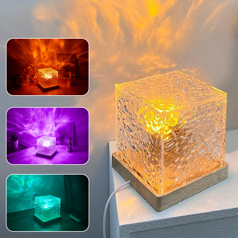 Luz nocturna de ondulación de agua dinámica giratoria, luz de ambiente de llama creativa, luz de proyección de cielo estrellado cuadrado romántico