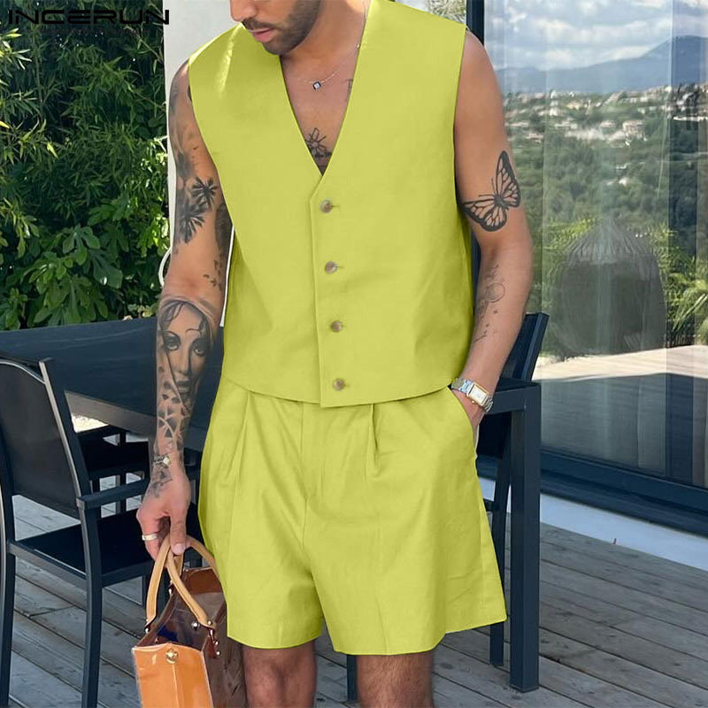 INCERUN Sommer männer Sets Fashion Solid Tasten V-ausschnitt Tops Blusen Shorts 2PCS Streetwear Party Anzüge Männer Kleidung übergroßen
