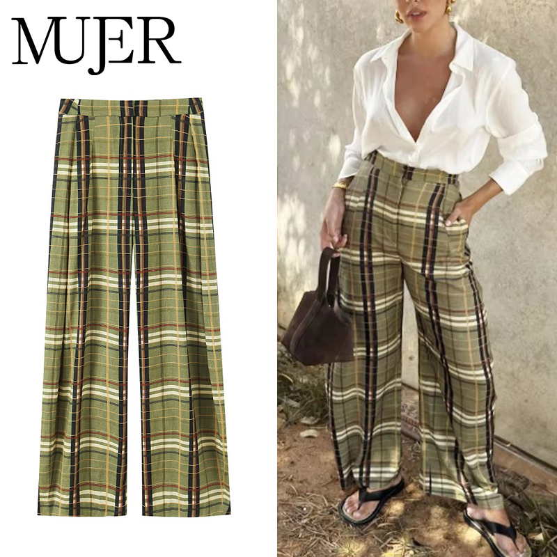 MUJER チェック柄バギーパンツ レディース カジュアル ワイドレッグパンツ ミッドウエスト オーバーサイズ レディースパンツ ヴィンテージプリーツパンツ