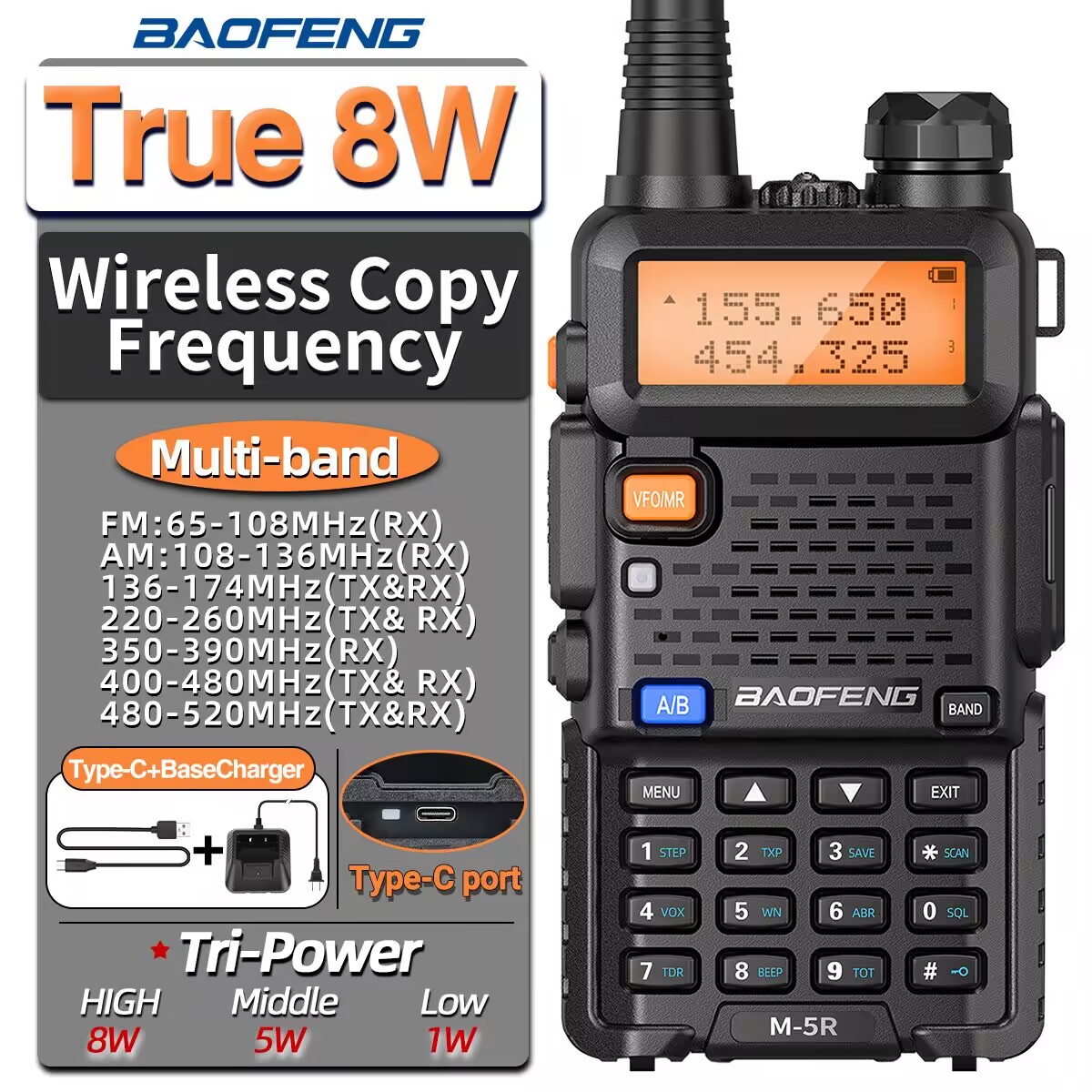 Baofeng M-5R Walkie Talkie High Power Long Range Type-C Draadloze Kopieerfrequentie Tweeweg Radiocommunicatie Ham Radio Voor Wandelen