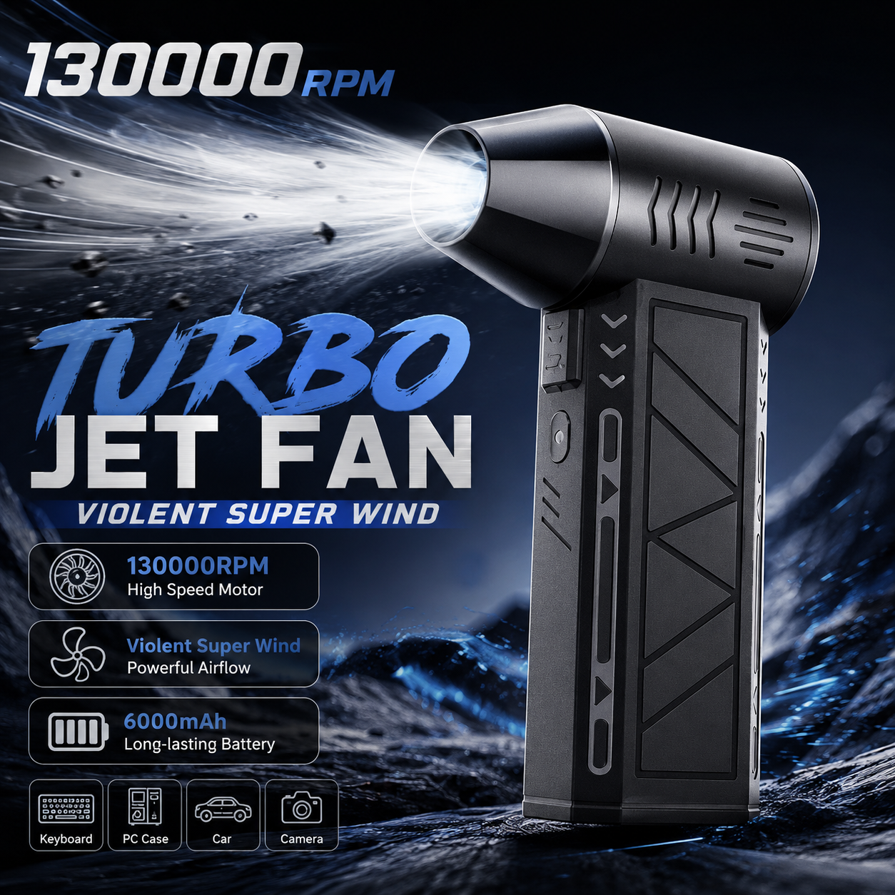 เครื่องเป่าฝุ่นทรงพลัง 130000RPM มอเตอร์ไร้แปรงถ่าน เครื่องเป่าลมสำหรับใช้งานกลางแจ้ง ชาร์จผ่านพอร์ต Type-C เครื่องเป่าลมทำความสะอาด พัดลมเทอร์โบสำหรับคอมพิวเตอร์