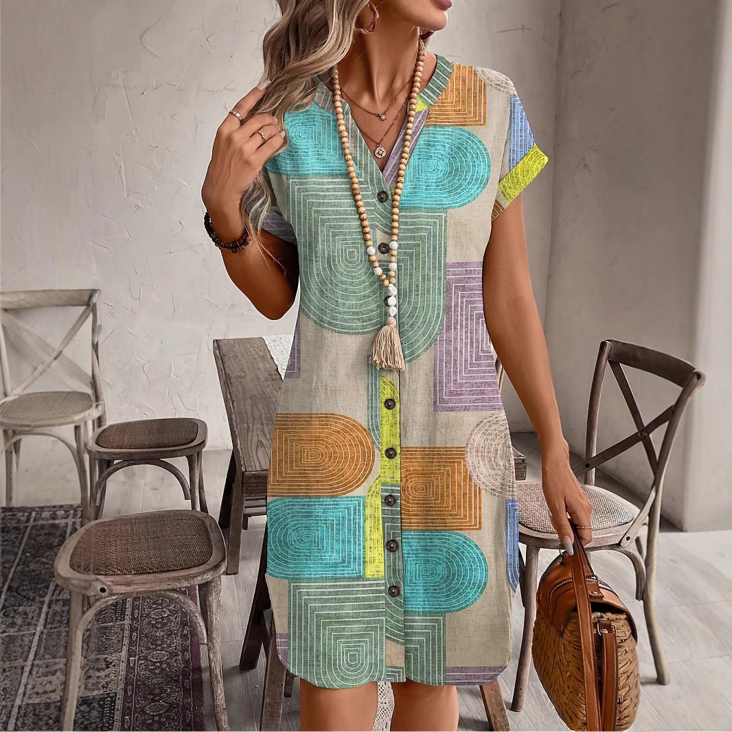 2025 Europese en Amerikaanse dameskleding buitenlandse handel Amazon zomer geometrische print elegante V-hals button-up jurk