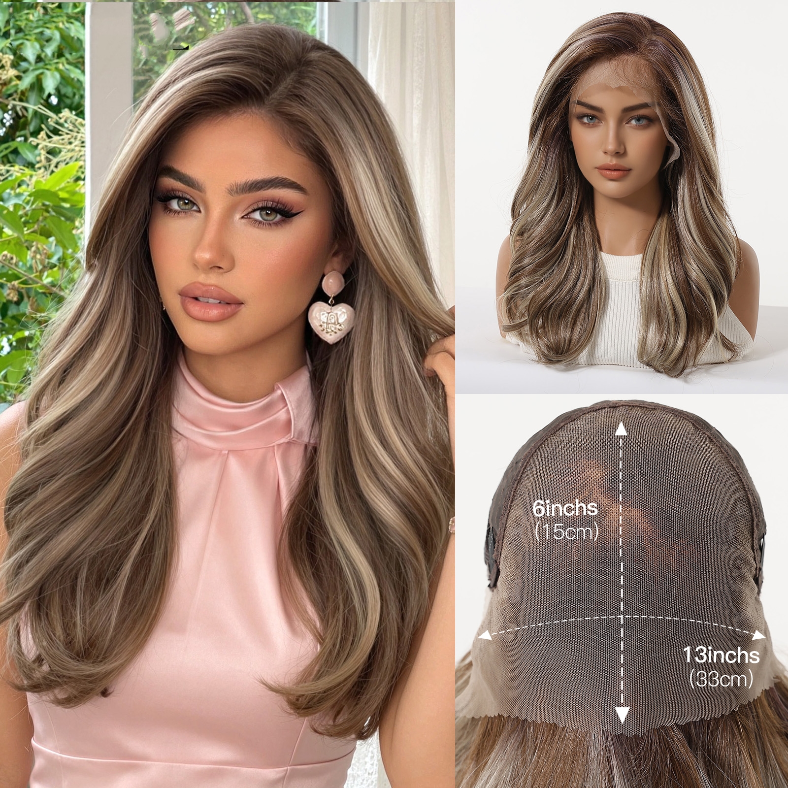 HAIRCUBE Perruque synthétique Lace Front 13x6 longue ondulée marron avec mèches, raie au milieu, résistante à la chaleur, pour usage quotidien, cosplay, Halloween