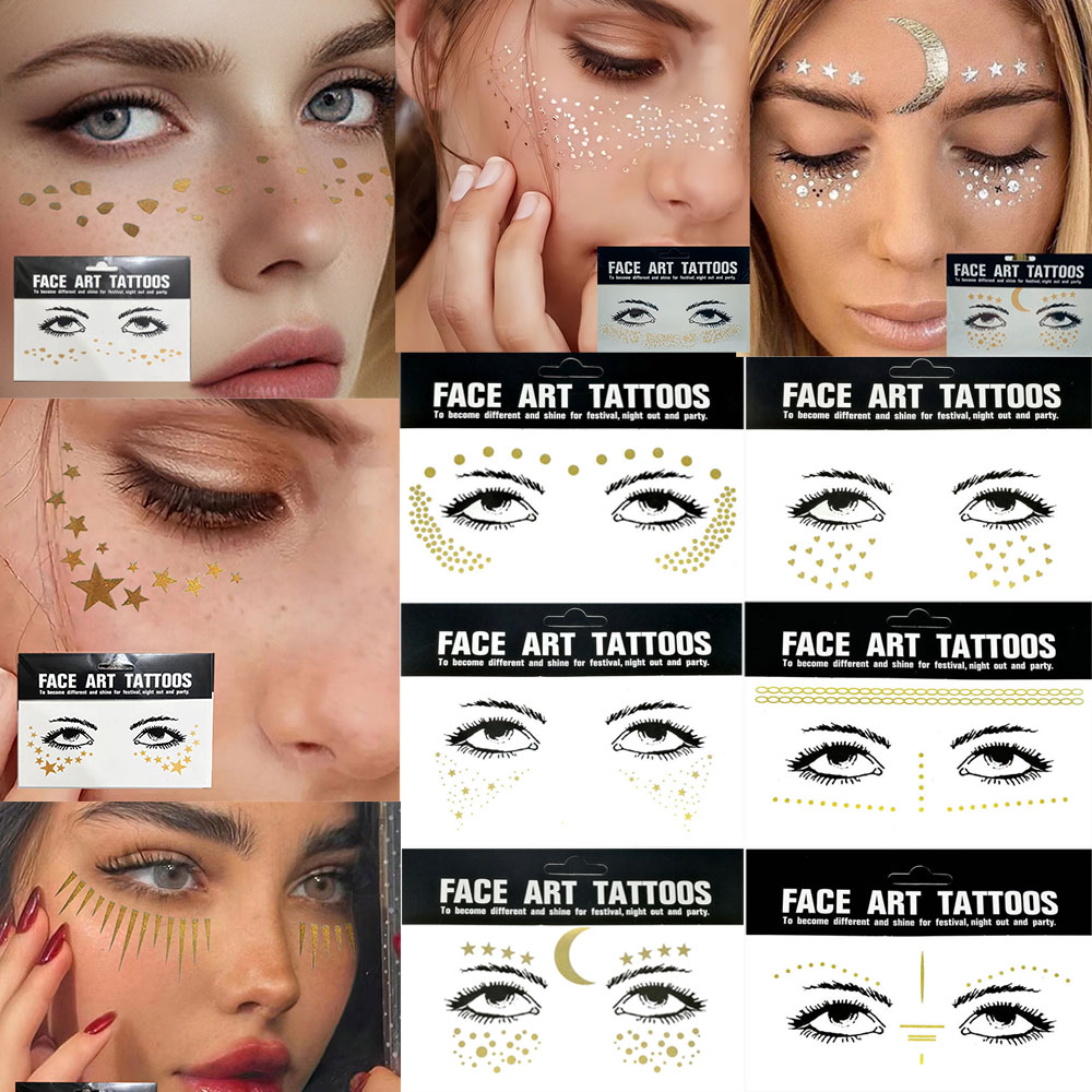 Adesivos de tatuagem com glitter dourado, para maquiagem facial, lua metálica, estrelas, à prova d'água, tatuagens temporárias de sardas para mulheres, festa de sobrancelha