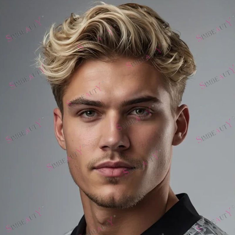 Parrucche da uomo in capelli umani ondulati super resistenti, colore miele ombré, 30 mm, con base in micro pelle sottile, toupet da uomo con linea naturale dei capelli, sistema di capelli.