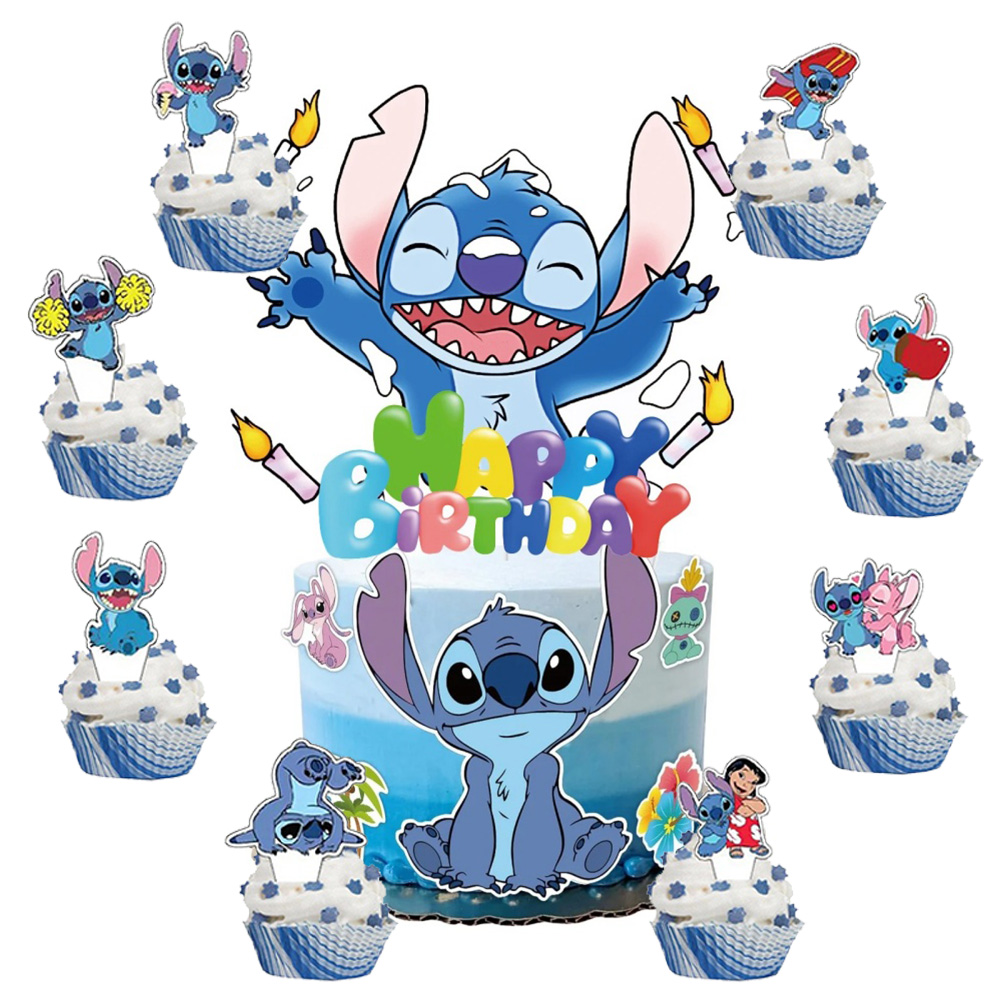 Perlengkapan Pesta Disney Stitch Hiasan Kue Stitch Hiasan Cupcake untuk Anak-anak Dekorasi Kue Selamat Ulang Tahun Hadiah Pesta Baby Shower