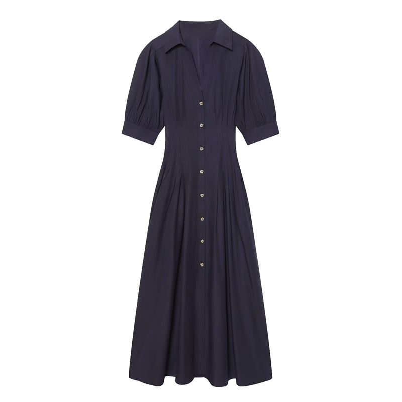 Gaun Wanita 2026 Gaya Baru Musim Semi Biru Tua Lengan Pendek Puff Sleeve Gaun Midi Faille Sederhana Modis Elegan Berkelas