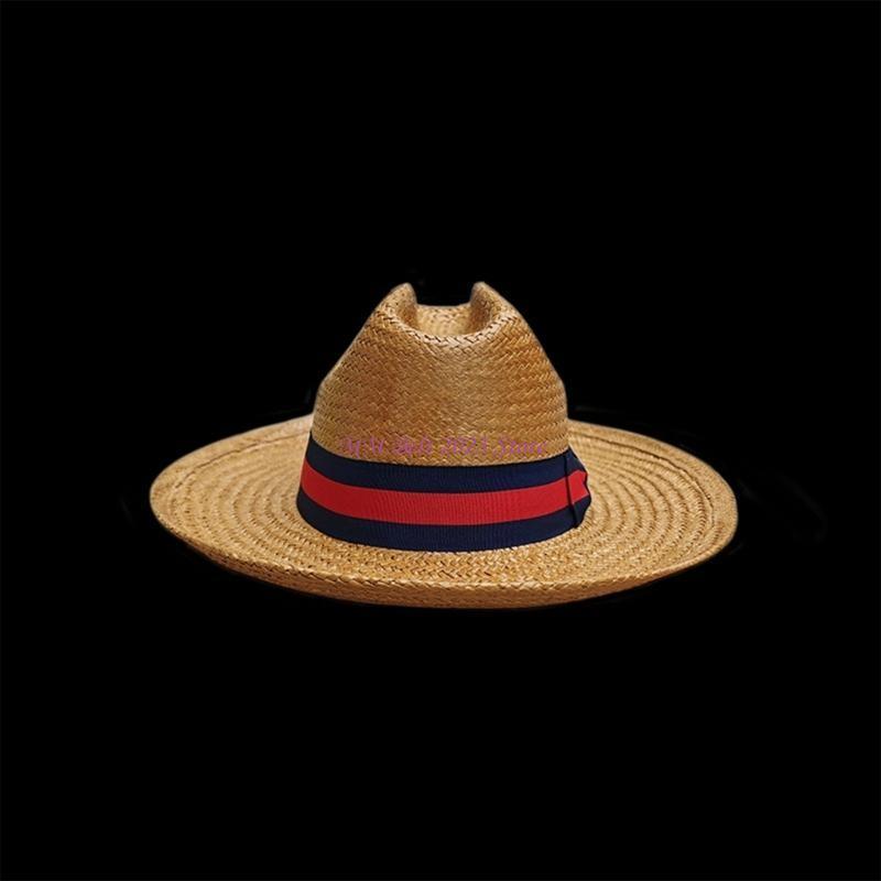 49ME Chapéu palha tecido à mão Protetor solar Chapéu Abas largas Cowboy Chapéu Chapéu férias