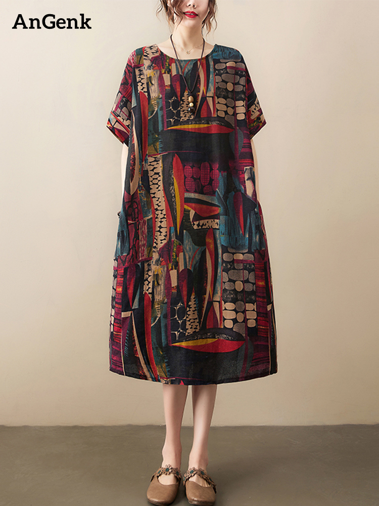 Gaun Midi Musim Panas Motif Vintage Katun Linen Lengan Pendek Untuk Wanita 2026 Gaun Santai Longgar Liburan Terbaru Pakaian Elegan Wanita