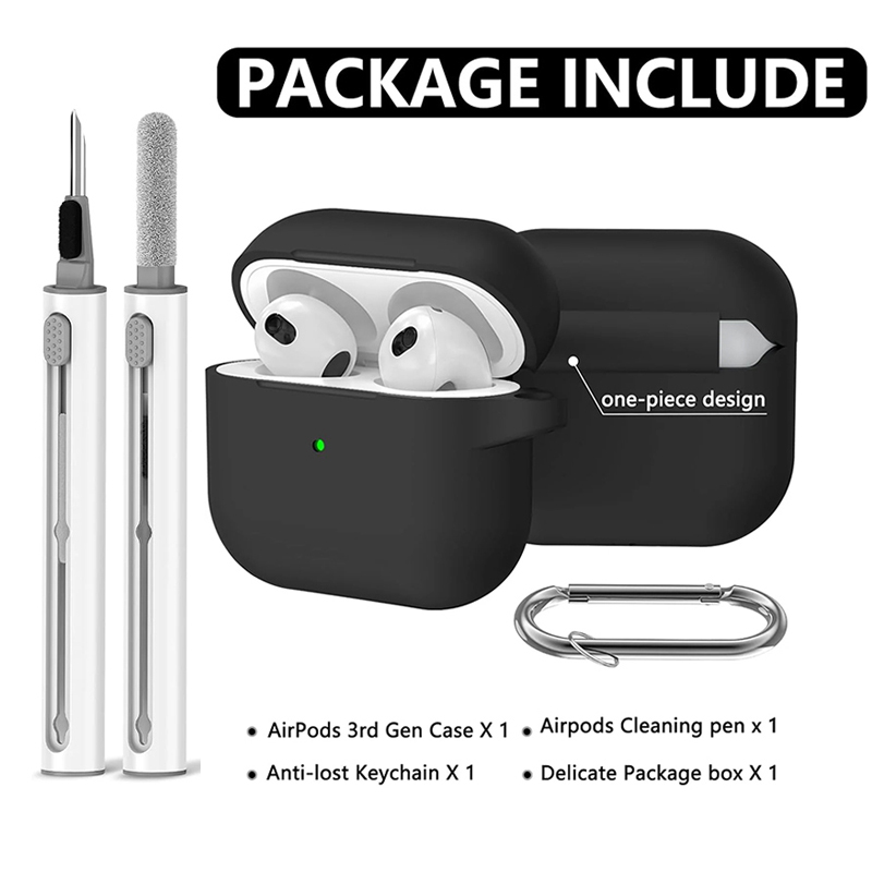 AirPods 용 3 세대 이어폰 케이스 후크 구멍이있는 이어폰 보호 케이스 실리콘 커버 이어 버드 이어 패드 (클리너 키트 포함)