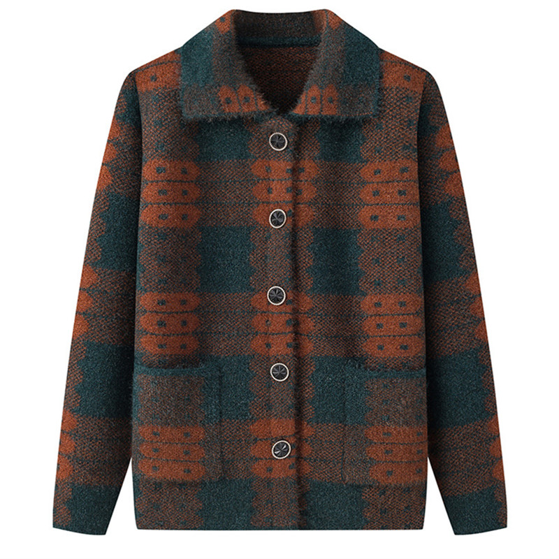 Casual Plaid Autumn Winter Clothes Middle Aged Mother Sweaters Knitwear Tops Thicken Grandma Warm Woolen Coat Women Cardigan