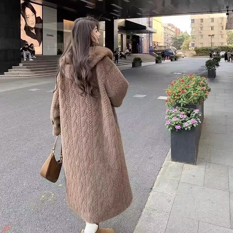    2025 inverno novo grosso feminino longo imitação de vison cardigan de pelúcia com pele integrada eco-friendly casaco de pele com capuz cor sólida