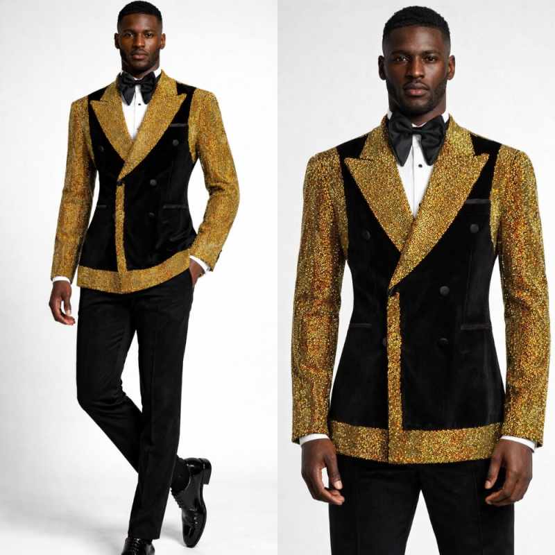 Gold Pailletten-Besetzter Bräutigam-Hochzeitsanzug Spitzrevers Doppelreihig Party Geburtstag Herren-Jacke Maßgeschneidert
