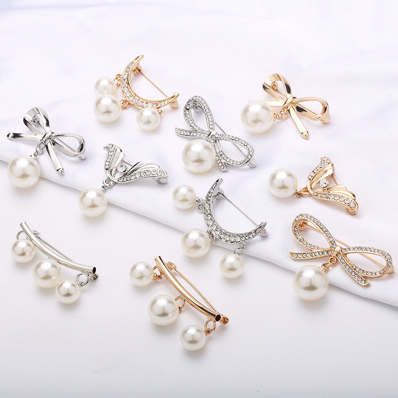 Broche de pérola alça fixa charme pino de segurança para mulheres camisola vestido roupas pequeno broche cardigan clipe corrente lapela decote jóias