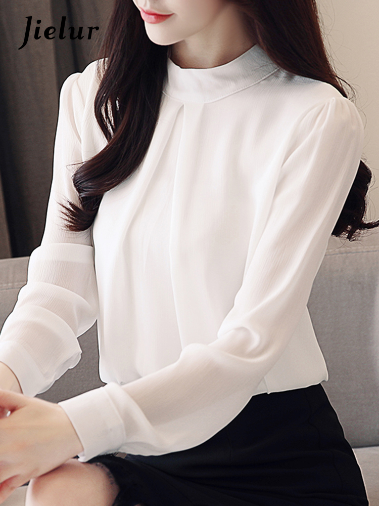 Jielur เสื้อเบลาส์เข้ารูปสำหรับผู้หญิง, เสื้อเบลาส์ลำลองแฟชั่นหรูหรา atasan sifon แขนยาวสีดำและสีขาว