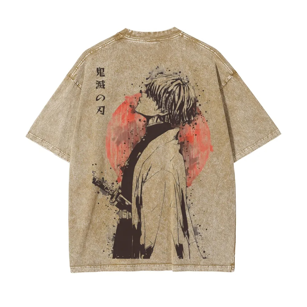 2026 Sommer Neues Zenitsu Agatsuma Breath of Thunder Retro Washed Old T-Shirt Demon Slayer 90er Street Style Kurzarm-Top