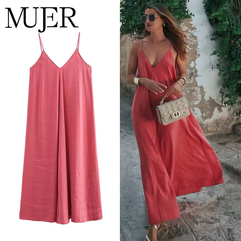 MUJER 2025 vestido largo rojo Slip para mujer, vestidos largos sexis con espalda descubierta para mujer, vestido de playa de verano para mujer, vestidos de fiesta drapeados para mujer