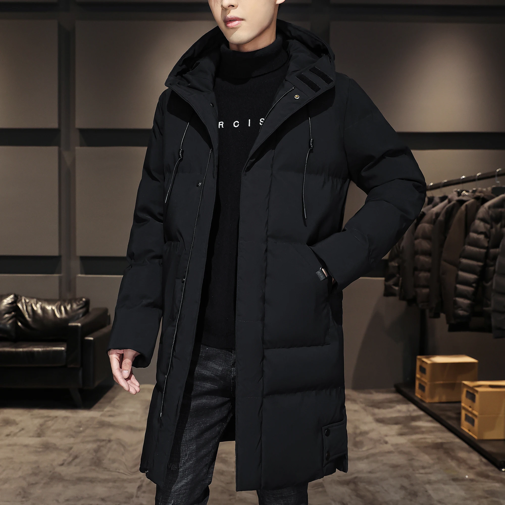 Casacos longos e grossos, casaco com capuz, parka preta, roupa de marca da moda, alta qualidade, 8XL, 7XL, novo, inverno, 2024