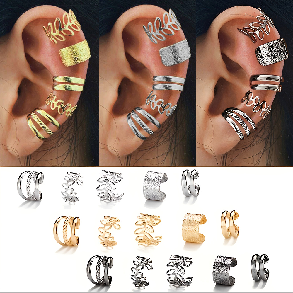 5-15pcs VINTAGE โลหะคลิปต่างหูชุดสําหรับวัยรุ่น Casual Hollow Leaf ปลอมเจาะต่างหูเครื่องประดับอุปกรณ์เสริมของขวัญ