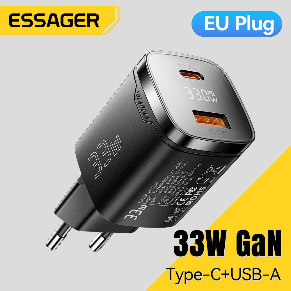 Essager 33W GaN USB C-oplader Digitaal scherm PD snel opladen voor iPhone 13 12 Max Pro iPad voor Xiaomi Poco Samsung Oplader Es