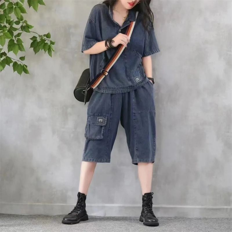 Setelan Denim tipis wanita, versi Korea musim panas longgar dan ramping lengan pendek pengurang berat badan MM santai dua potong warna Solid mode