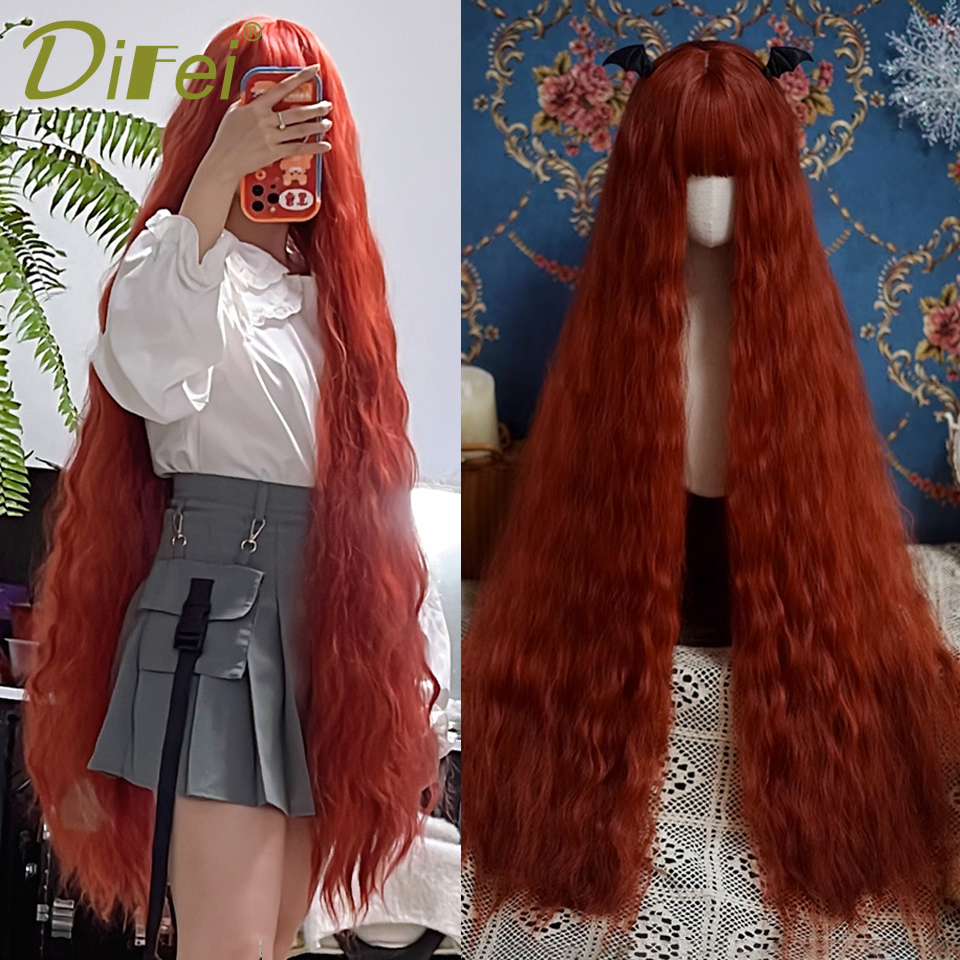 120cm longo ondulado cabelo perucas sintéticas feminino vermelho marrom coaplay lolita peruca com franja perucas de cabelo natural feminino fibra resistente ao calor
