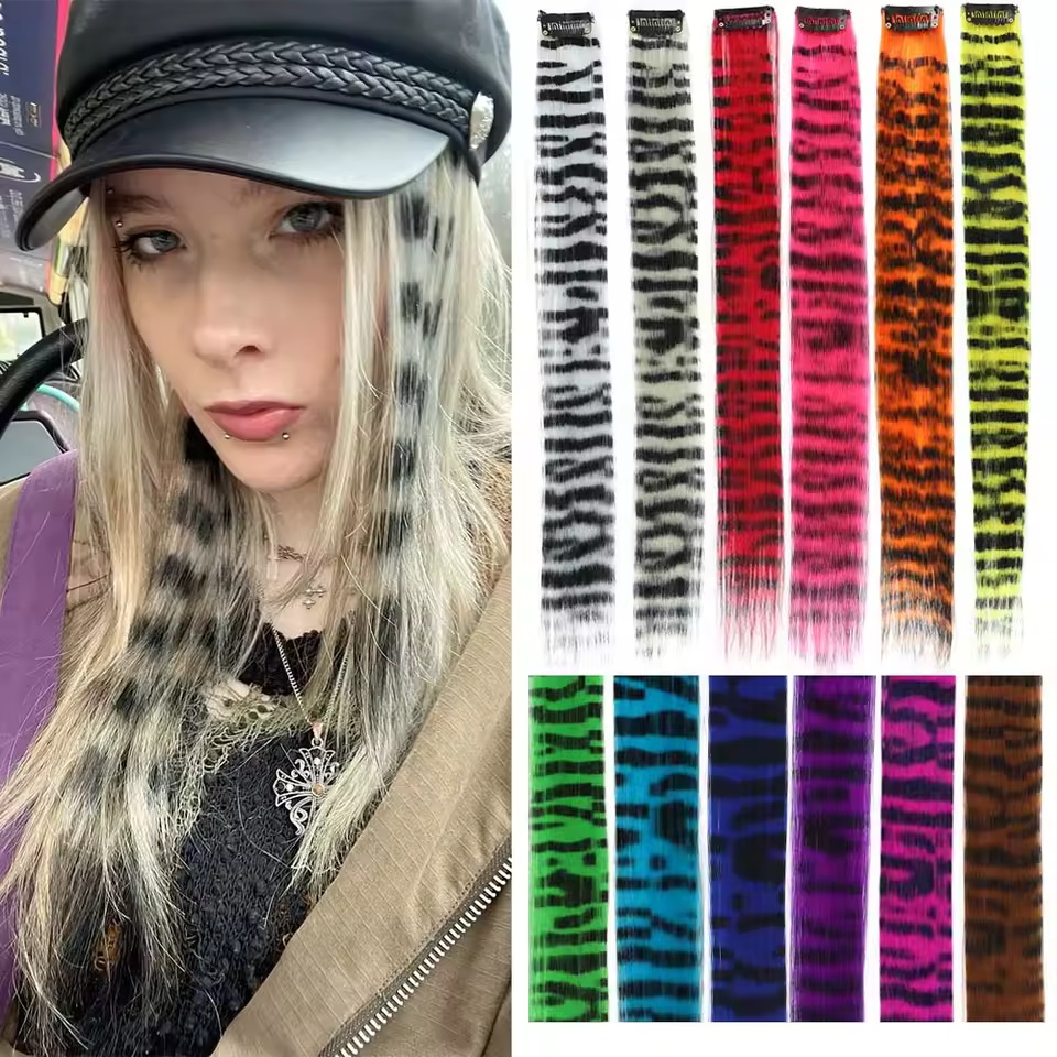 Juego de 5 Extensiones de Cabello Largas y Lisas con Estampado de Rayas, Extensiones de Cabello Sintético con Clip para Uso Diario, Fiestas y Navidad