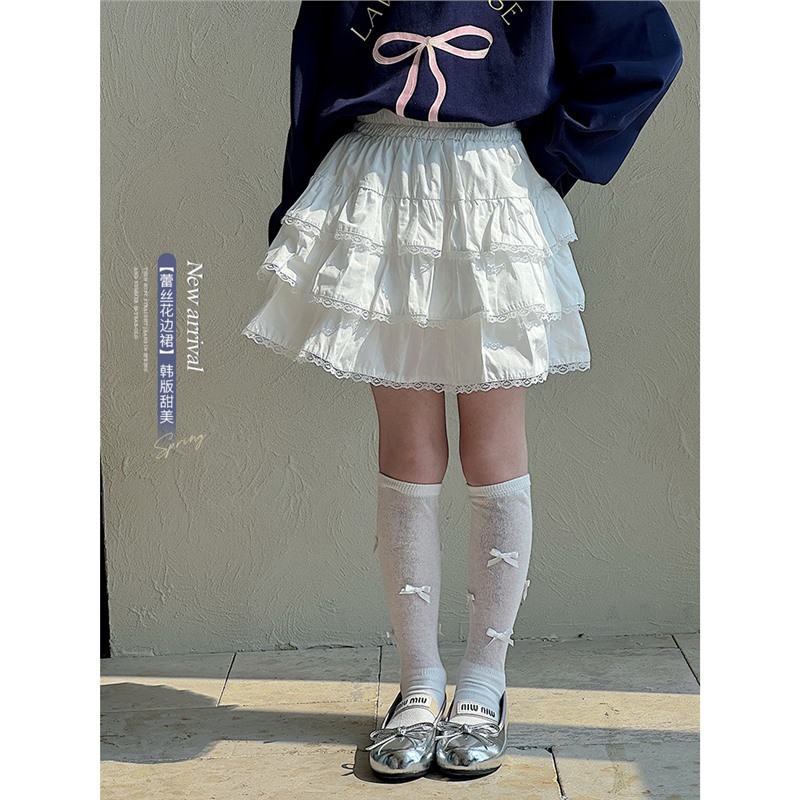 Saia Infantil Feminina RAISE de Verão Branca, Saia Bolha Infantil com Cintura Elástica, Saia de Renda para Bebês e Meninas de 1 a 12 Anos, Vestido para Meninas
