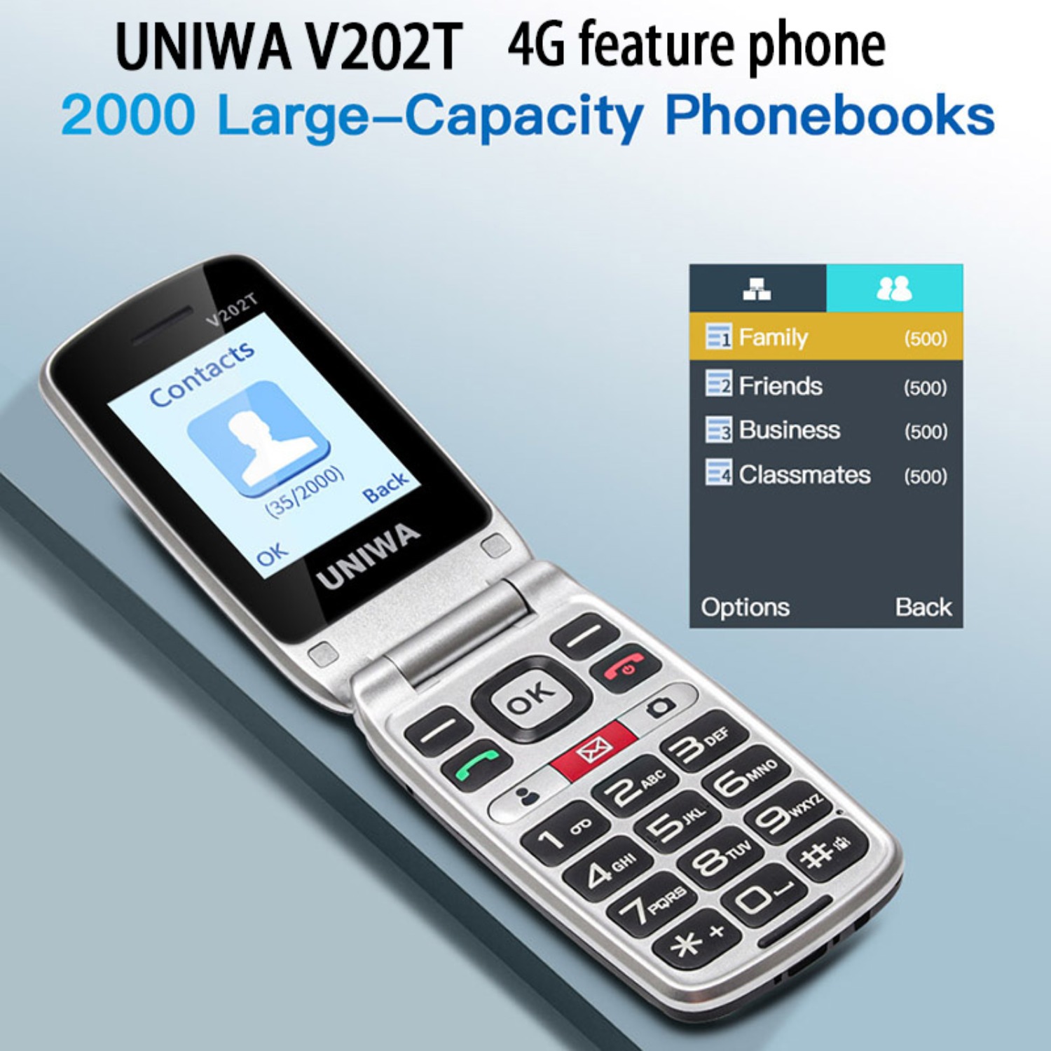 UNIWA V202T 4G característica teléfono con tapa moda pantalla Dual botón grande teléfono móvil con tapa para personas mayores 1450mAh función SOS teléfono