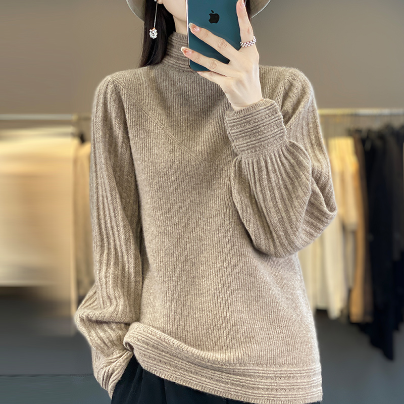 Autunno Inverno Donna 100% lana merino maglione collo semi-alto manica lanterna pullover cashmere ispessito maglieria casual top