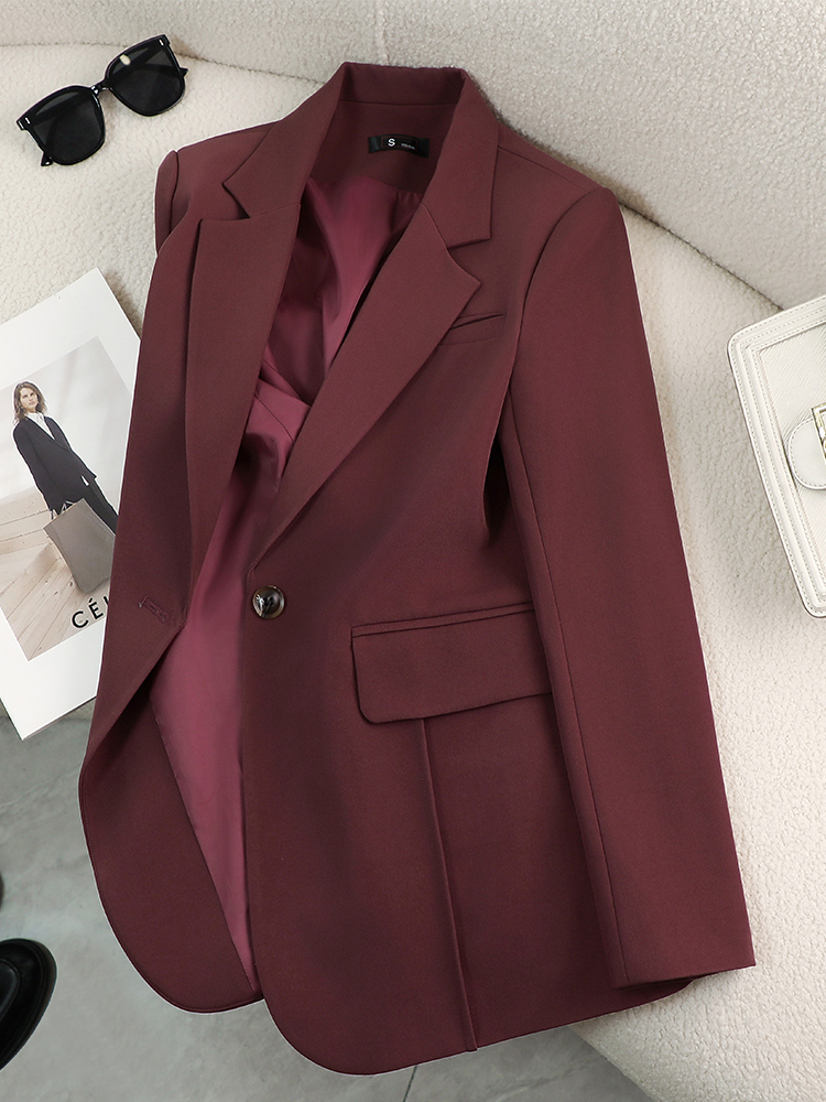 ฤดูใบไม้ร่วงฤดูหนาวผู้หญิงสุภาพสตรี Blazer Beige สีดําสีแดงหญิงแขนยาวหลวมอย่างเป็นทางการ Jacket Coat