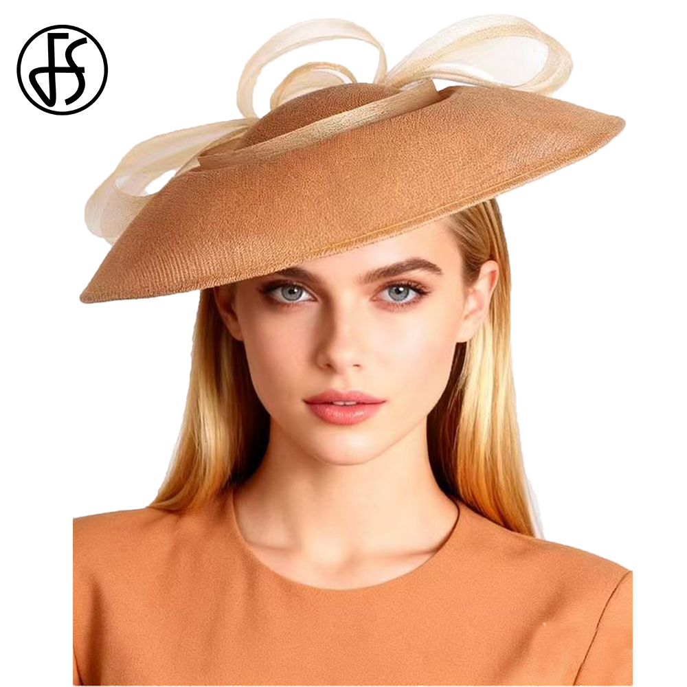 Cappelli da Chiesa Bianchi e Marroni FS per Donne, Eleganti Cappelli a Tesa Larga per Tea Party, Fascinator di Lusso, Cappello da Matrimonio Derby, Chapeau Femme