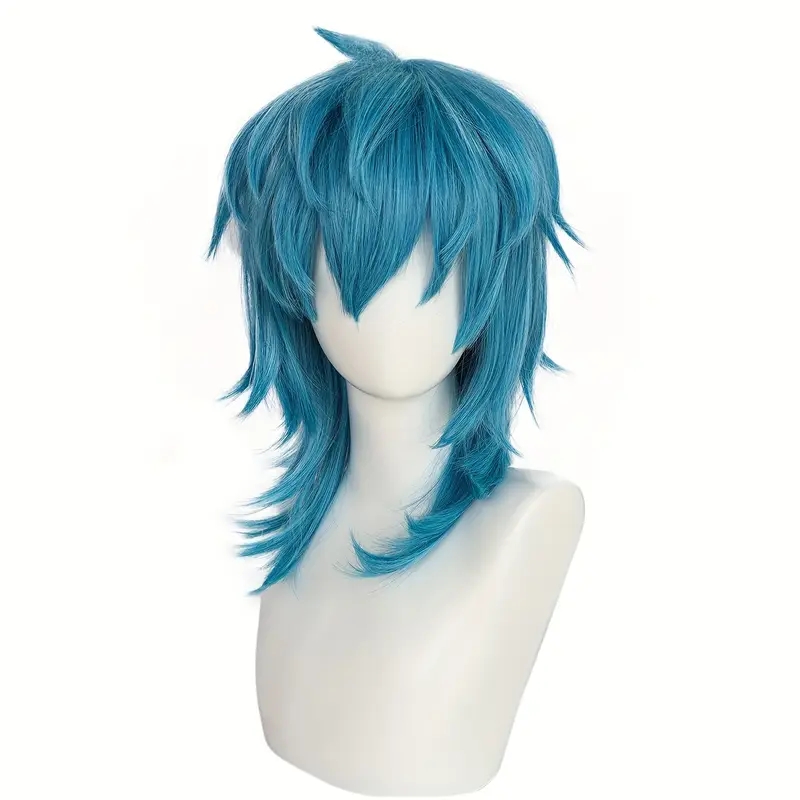 Peinado artificial de longitud media, liso, azul, estilo Salic, para cosplay, con flequillo, resistente al calor, sintético, perfecto para Halloween