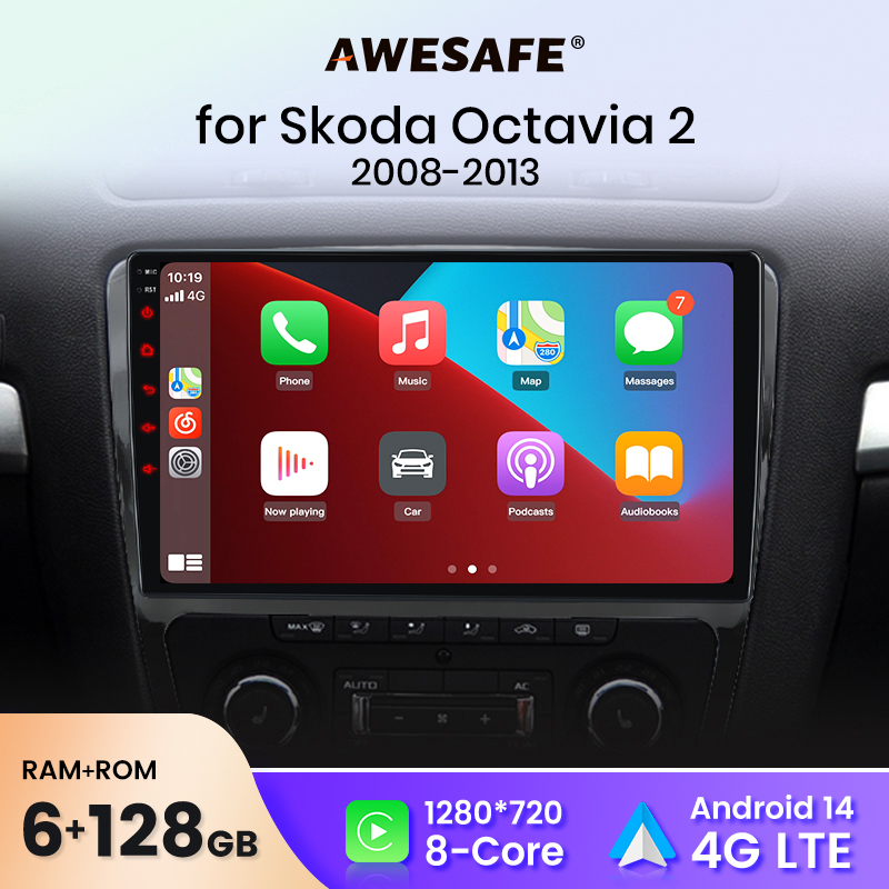 AWESAFE Draadloze CarPlay Android Auto Autoradio Stereo voor SKODA Octavia 2 2008 2009 2010 2011 2012 2013 Auto Intelligent Systemen BT FM RDS Plug & Play SWC Verzending vanuit UK naar Nederland
