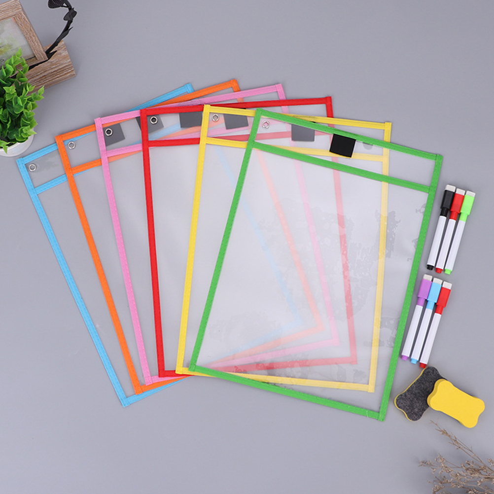 Fundas protectoras de bolsillo de borrado en seco para niños, bolsas organizadoras transparentes reutilizables, carpetas de billetera A4, 6 piezas