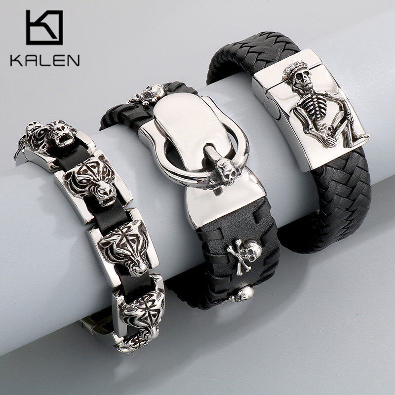 Pulseira de couro de couro personalizada para homens, aço inoxidável, grande, vintage, festa dominadora, presentes de joalheria, atacado