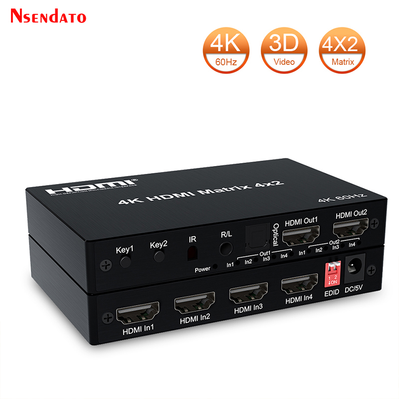 4K 60Hz Switch HDMI True Matrix 4x2 4 in 2 out HDMI Matrix Switch Splitter Converter With EDID Optical For PC PS4 to TV Monitor