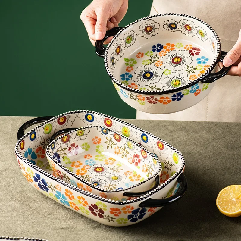 Bandeja para hornear de doble oreja de cerámica Floral pintada a mano, cuenco Circular con asa, vajilla, cuenco para ensalada de frutas, utensilios de cocina