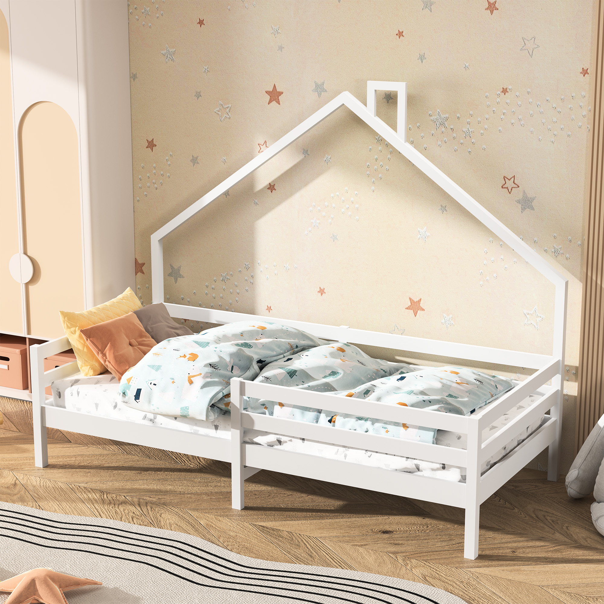 Kinderbed 90X200 Cm Met Valbescherming, Kinderhuisbed Met Opbergplank, Stevige Houten Boomhut Bed Wit