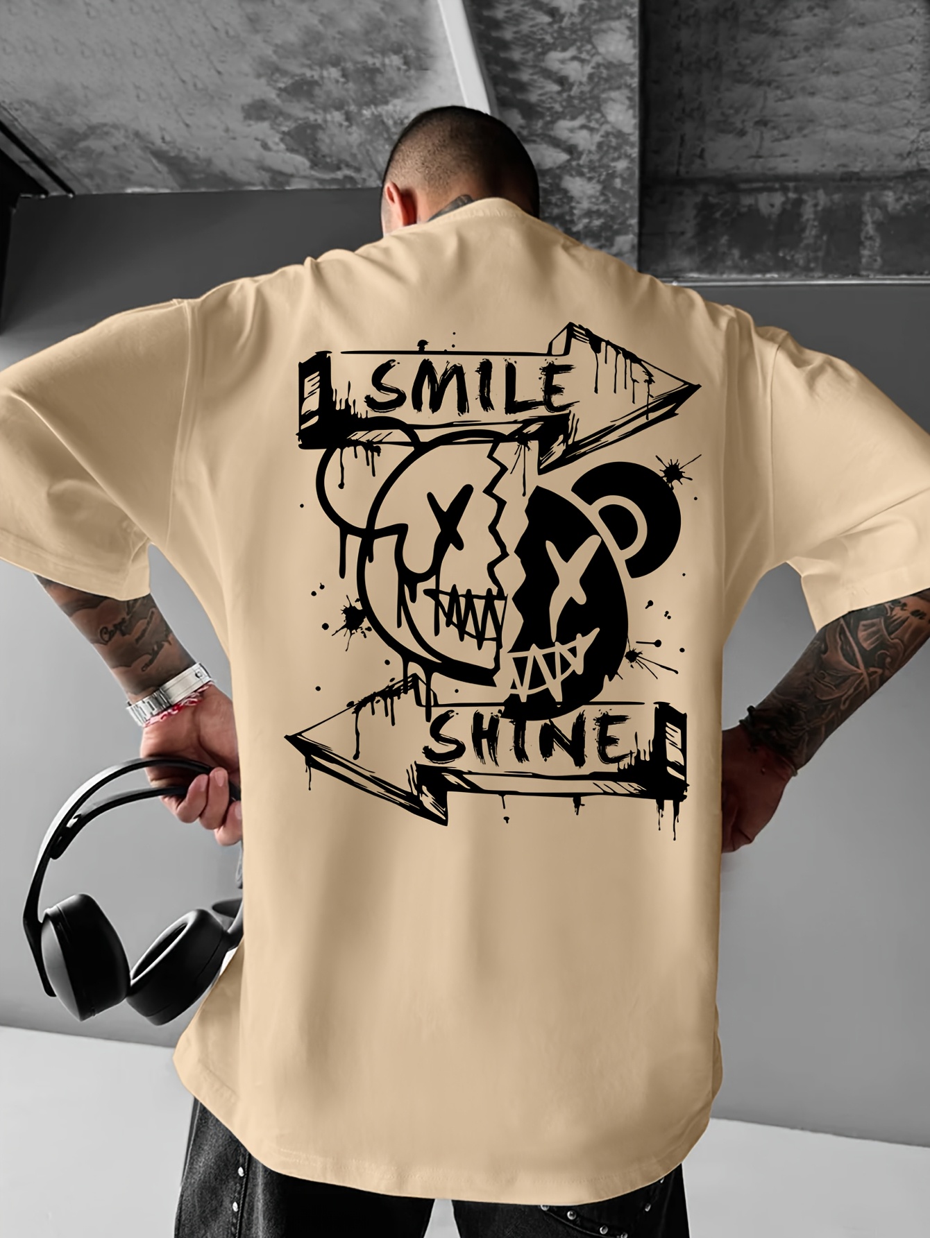 Smile Shine Broken Bear grafische print 100% katoenen heren T-shirt voor zomerse streetwear, ideaal voor edgy casual outfits